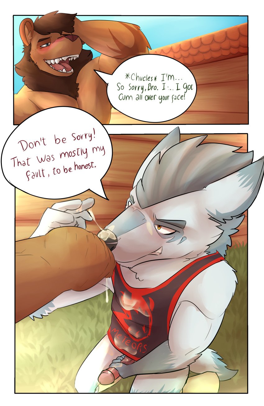 2020 absurd_res anthro blue_eyes blush bodily_fluids bro_wolffox brown_eyes canid canine canis clothed clothing comic cum cum_covered cum_on_clothing cum_on_hand detailed_background dialogue dude_lyena duo english_text felid flaccid fox furry genital_fluids genitals grass grin hand_on_head hi_res humanoid_genitalia humanoid_penis hyaenid hybrid legwear lion male male/male mammal messy nude open_mouth pantherine partially_clothed penis shirt sky smile socks tank_top text thekinkybear topwear uncut wolf