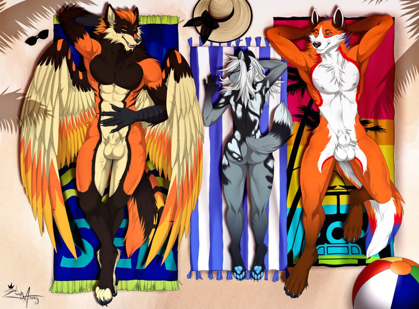 4_toes 5_fingers abs absurd_res african_wild_dog animal_genitalia anthro balls canid canine clothing digital_media_(artwork) feathered_wings feathers female fingers fox genitals group hat hazakyaracely headgear headwear hi_res hybrid male mammal muscular muscular_male orange_body orange_feathers sheath toes wings