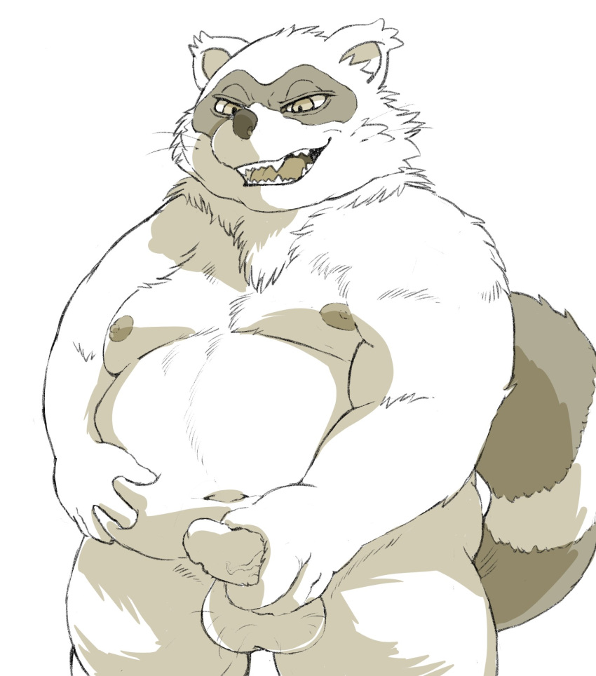 2020 anthro balls belly canid canine genitals hi_res humanoid_genitalia humanoid_hands humanoid_penis hysk kemono male male_only mammal moobs navel nipples overweight overweight_anthro overweight_male penis raccoon_dog sengoku_puzzle simple_background solo tanuki tokugawa_ieyasu video_games white_background