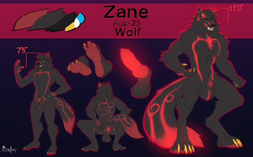 absurd_res anthro balls black_body black_fur canid canine canis digital_media_(artwork) digitigrade fur genitals hazakyaracely hi_res knot male male_only mammal model_sheet open_mouth smile solo teeth tongue wolf zane_(t-thewolf)