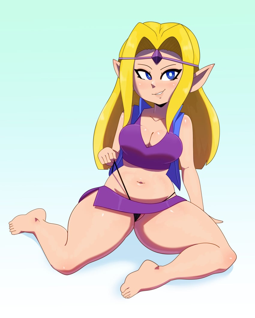 barefoot big_breasts blonde_hair blue_eyes breasts cd-i cleavage female hair_ornament human midriff miniskirt nintendo pointy_ears princess_zelda pulling_panties royalty skirt smug solo somescrub the_legend_of_zelda the_legend_of_zelda_(cd-i) thick_thighs thong wand_of_gamelon zelda_(cd-i)