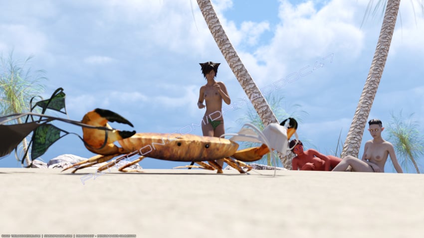 alien ashe beach bikini black_hair brown_hair catgirl crab drmaddoc47 glowing_eyes kani_(starship_inanna) nikka pointed_ears red_skin starship_inanna topless