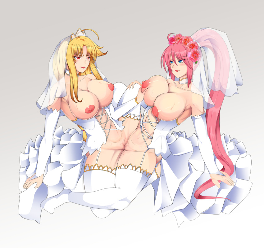 2girls arm_sleeves arm_support blonde_hair blue_eyes blush breasts breasts_out clothed_sex collarbone commission couple dress eye_contact eyebrows_visible_through_hair fate_testarossa flower flower_on_head hair_between_eyes hair_ornament hand_on_another's_breast hand_on_another's_leg large_breasts leaning_back lingerie lipstick long_hair looking_at_another lyrical_nanoha mahou_shoujo_lyrical_nanoha mahou_shoujo_lyrical_nanoha_strikers makeup multiple_girls naughty_face navel nipples pink_hair red_eyes shiny shiny_skin signum smile sweat thighhighs tribadism uncensored underwear veil wedding_dress wife_and_wife yuri