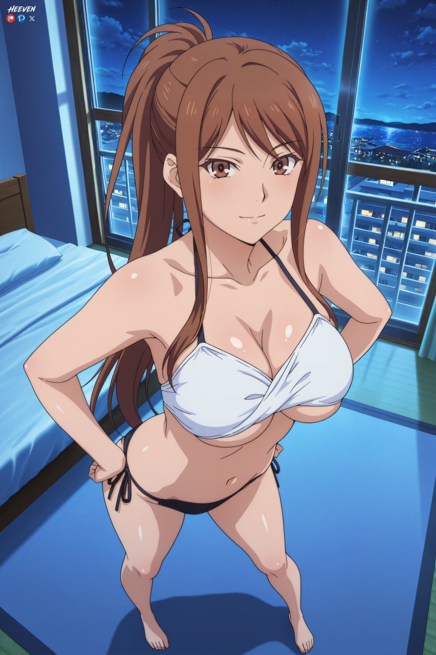 1boy 1girl absurdres adult ai_assisted ai_generated ayane_shirakawa bangs barefoot bed big_breasts bikini breasts brown_eyes brown_hair cleavage closed_mouth collarbone female from_above full_body hands_on_hips heeven highres indoors large_breasts long_hair looking_at_viewer male mature navel night night_sky overflow_(series) patreon patreon_username perfect_body pillow ponytail sensitive shirakawa_ayane side-tie_bikini_bottom sidelocks sky smile solo standing swimsuit uncensored underboob white_bikini window