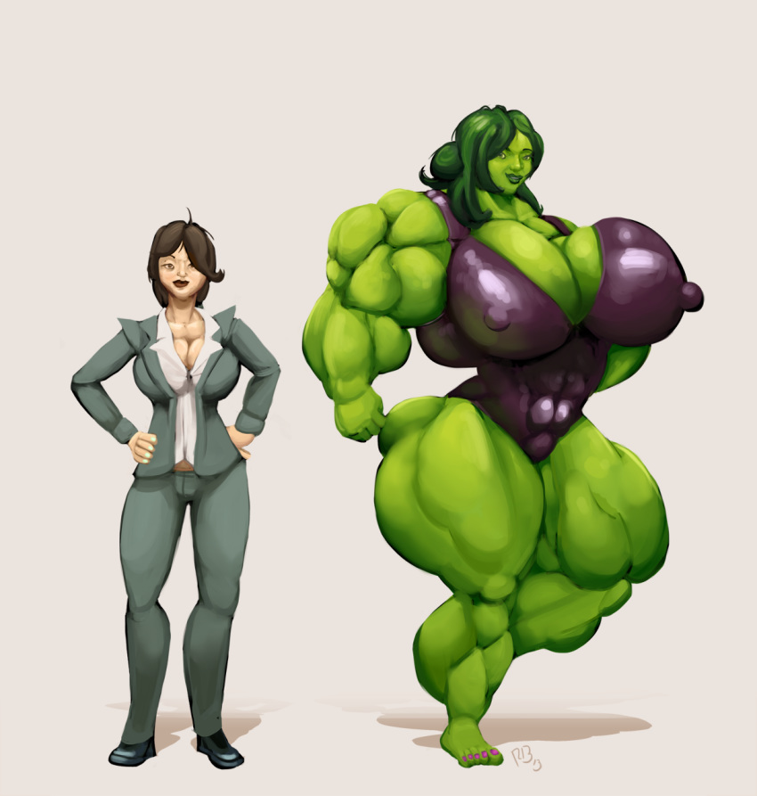 1girls before_and_after big_breasts brown_hair business_suit dual_persona extreme_muscles female female_only giant_breasts gigantic_breasts green_hair green_skin hulk_(series) jennifer_walters leotard light_skin marvel marvel_comics muscles muscular_female muscular_thighs nipple_bulge pokies ritz she-hulk solo thunder_thighs transformation