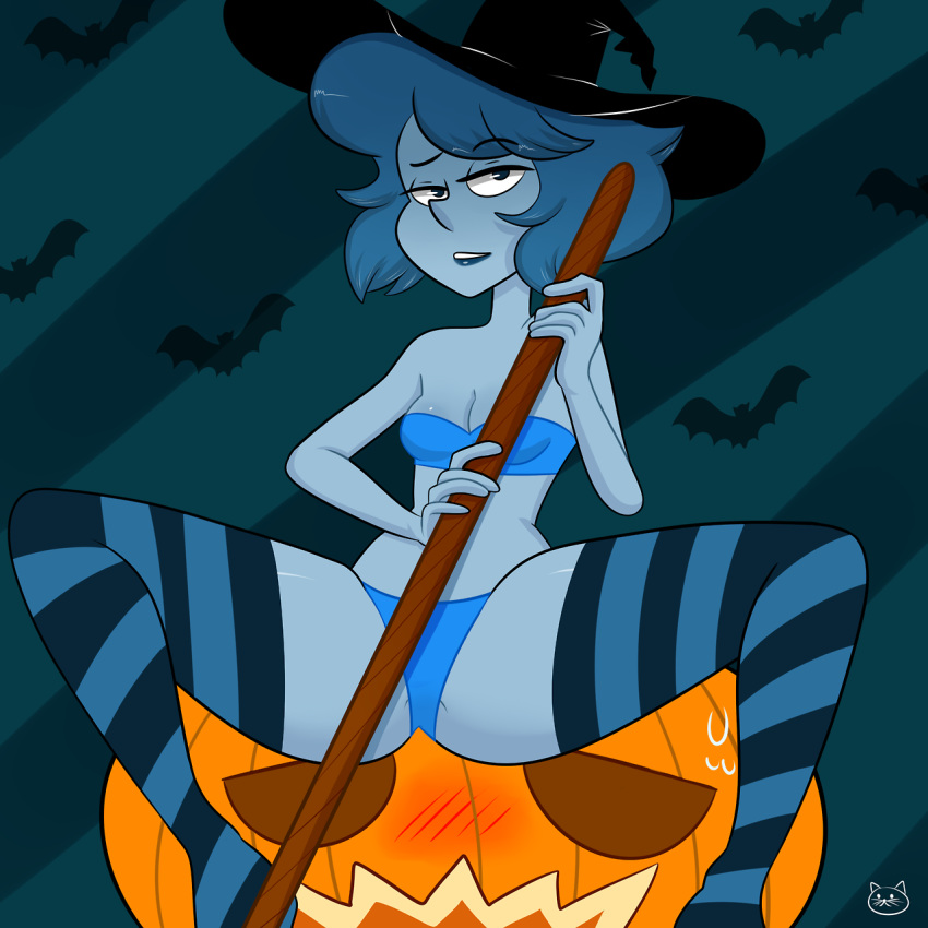 bikini blue_hair blue_skin blush breasts broomstick eyes_half_open gem_(species) lapis_lazuli_(steven_universe) lipstick mochakitkat open_legs pumpkin pumpkin_(steven_universe) steven_universe striped_legwear thick_thighs thighhighs wide_hips witch_hat