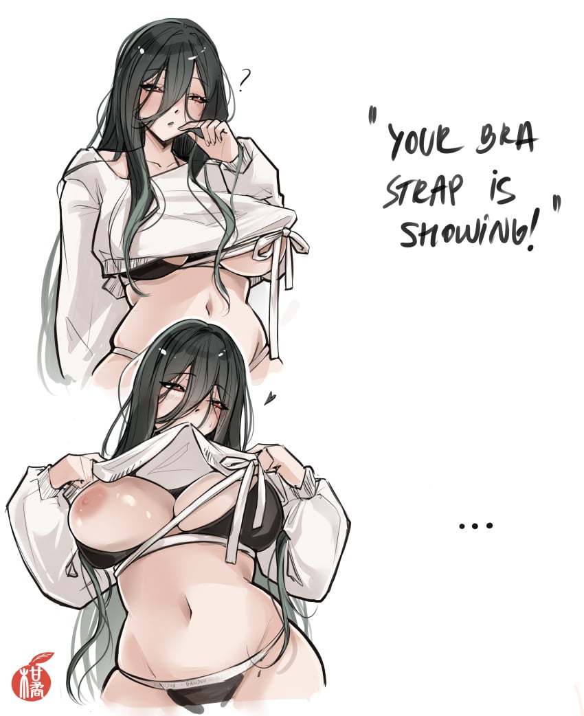 ... 1girl ? absurdres azur_lane black_bra black_hair black_panties bra bra_strap_is_showing_(meme) breasts clothes_lift english_text francesco_caracciolo_(azur_lane) francesco_caracciolo_(confession_under_the_spotlight)_(azur_lane) ganjuzhii heart highres large_breasts light-skinned_female light_skin long_bangs long_hair long_sleeves meme navel nipples official_alternate_costume panties red_eyes sardegna_empire_(azur_lane) signature simple_background solo stomach sweater sweater_lift underwear white_background white_sweater