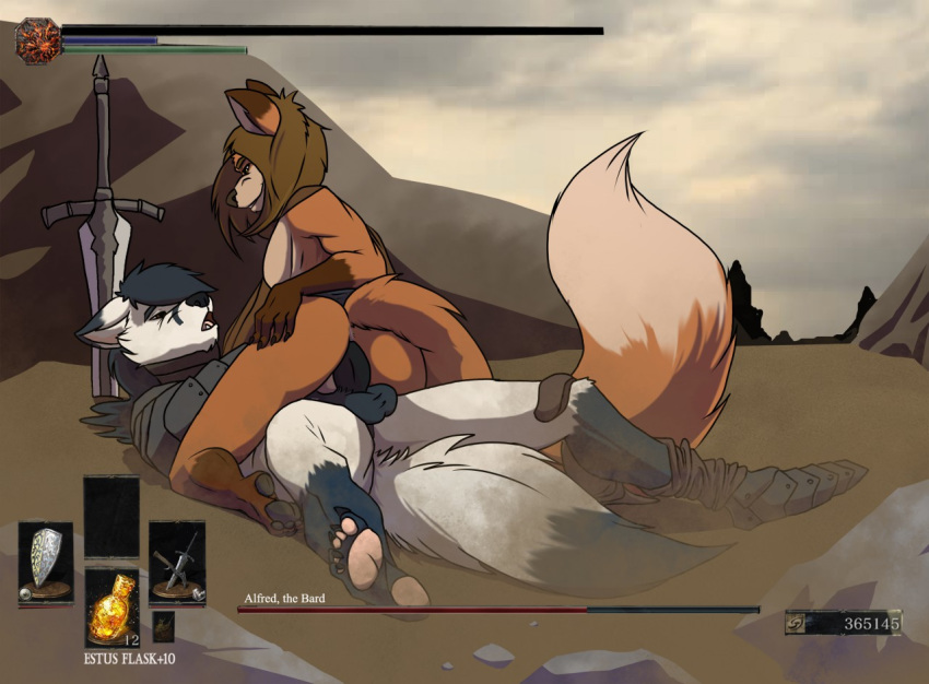 alfred_(umpherio) anal anal_sex anthro armor balls boss_fight canid canine clothed clothing cowgirl_position dark_souls defeat defeated desert duo fox fromsoftware gameplay_mechanics genitals grin health_bar humanoid lenn_(lennfox) male male/male mammal nude on_top outdoor_sex outside partially_clothed pawpads paws penetration penis red_fox sex smile umpherio video_games