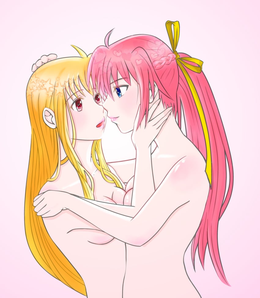 2girls ahoge bangs bashi blonde_hair blue_eyes blush braid breast_press breasts cleavage closed_mouth commentary_request crown_braid eyebrows_visible_through_hair fate_testarossa gradient gradient_background hair_ribbon large_breasts long_hair looking_at_another lyrical_nanoha mahou_shoujo_lyrical_nanoha mahou_shoujo_lyrical_nanoha_a's mahou_shoujo_lyrical_nanoha_strikers multiple_girls open_mouth pink_background pink_hair pink_lips ponytail red_eyes ribbon sidelocks signum upper_body very_long_hair yellow_ribbon yuri