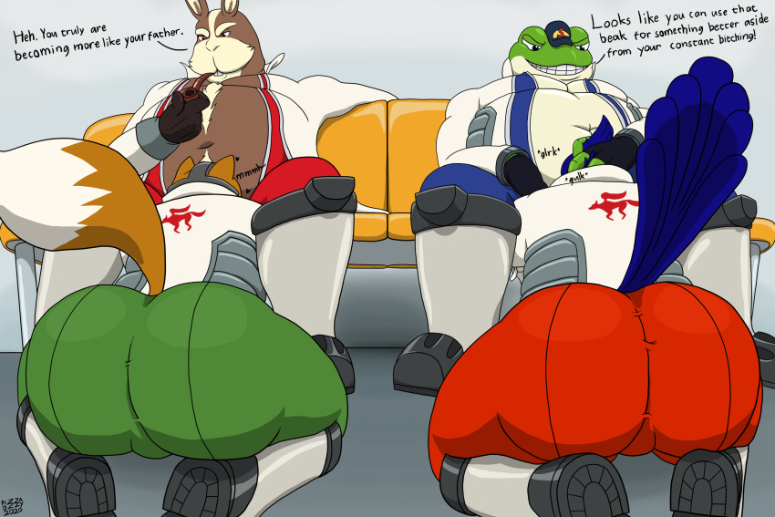 2020 3:2 amphibian anthro ass avian belly big_butt bird canid canine clothing dialogue english_text falco_lombardi fox fox_mccloud frog group hi_res lagomorph leporid male male/male male_only mammal nintendo oral overweight overweight_male peppy_hare pizzaozzy_(artist) rabbit slippy_toad star_fox text tight_clothing video_games