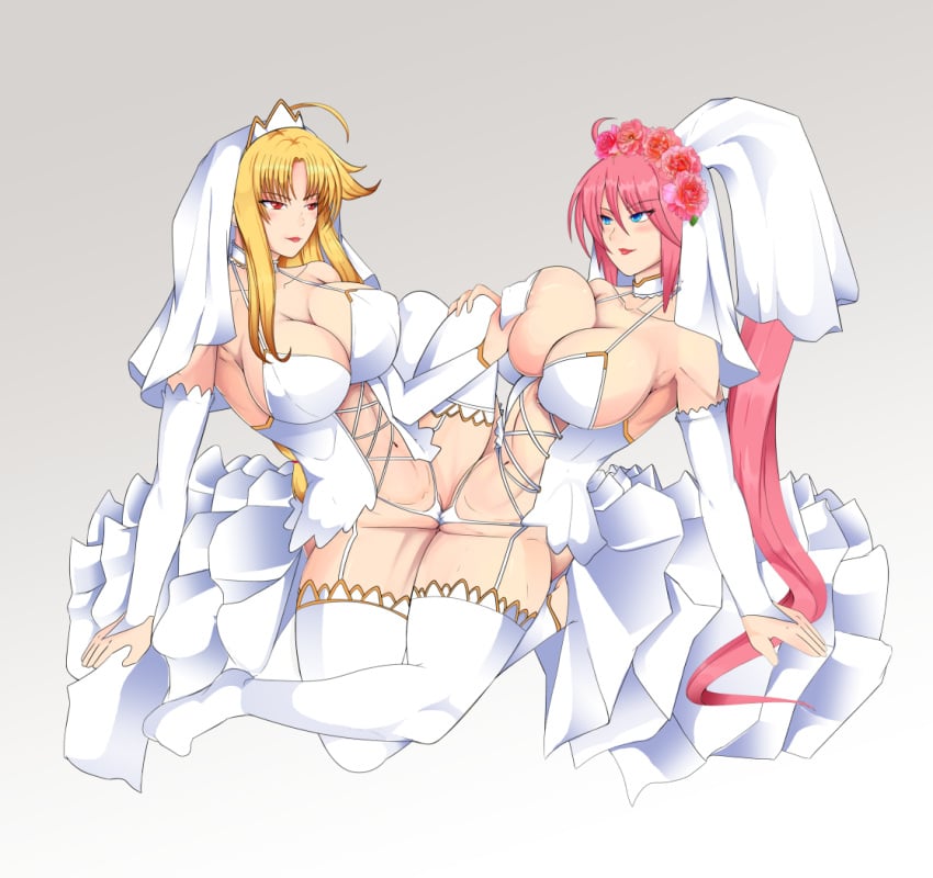 2girls arm_sleeves arm_support blonde_hair blue_eyes blush breasts clothed_sex collarbone commission couple dress erect_nipples eye_contact eyebrows_visible_through_hair fate_testarossa flower flower_on_head hair_between_eyes hair_ornament hand_on_another's_breast hand_on_another's_leg large_breasts leaning_back lingerie lipstick long_hair looking_at_another lyrical_nanoha mahou_shoujo_lyrical_nanoha mahou_shoujo_lyrical_nanoha_strikers makeup multiple_girls naughty_face navel panties pink_hair red_eyes signum smile thighhighs tribadism underwear veil wedding_dress wife_and_wife yuri