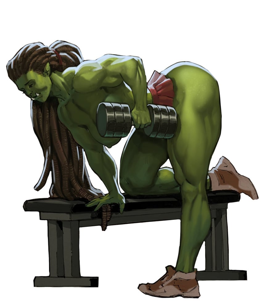 ass biceps big_ass big_breasts breasts breasts_out dreadlocks fantasy female female_only green_skin guronart huge_ass miniskirt muscle_definition muscular muscular_arms muscular_female muscular_thighs nipples nonsexual_nudity nude nude_female orc orc_female shoes shoes_only side_view skirt skirt_only solo solo_female topless topless_female tusks useless_clothing weightlifting weights working_out workout