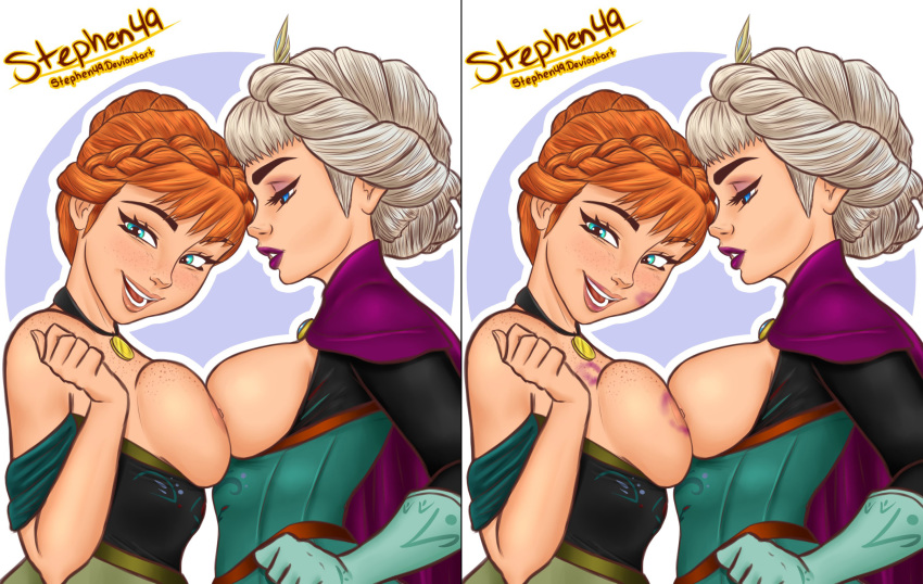 2girls anna_(frozen) areolae athletic big_breasts blonde_hair blue_eyes breast_press breasts breasts_out busty cape comic curvaceous curvy disney dress elsa_(frozen) eyelashes eyeshadow female female_focus female_only fit fit_female freckles frozen_(film) hourglass_figure incest large_breasts lipstick_mark lipstick_on_breast long_hair makeup nipples pinup red_hair royalty sisters stephen49 tied_hair voluptuous wide_hips yuri