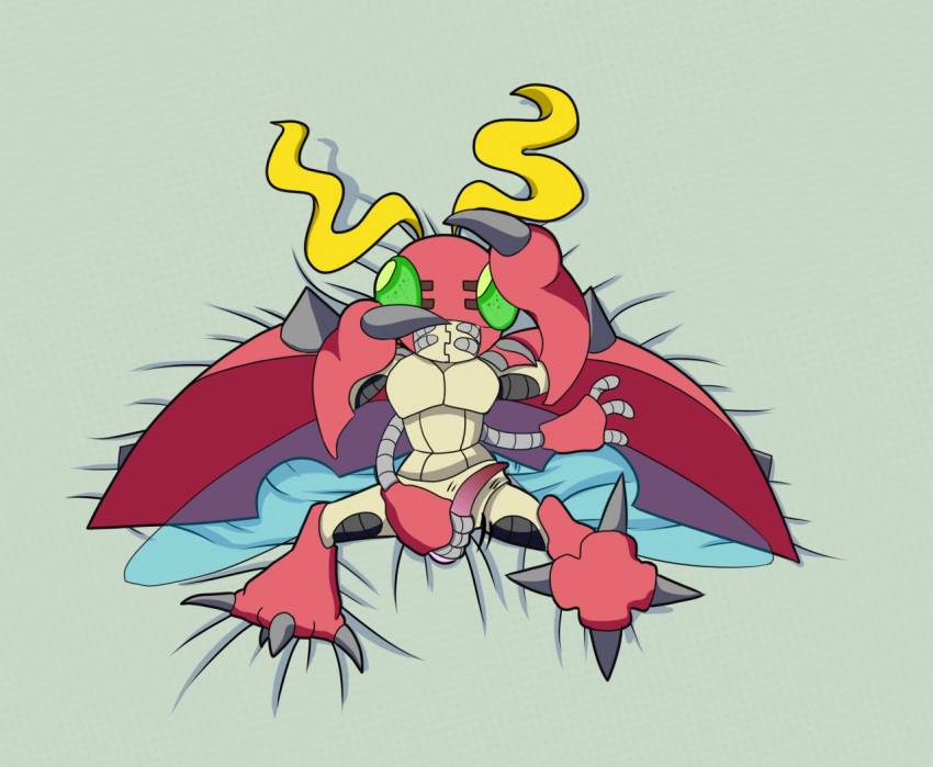 animal_genitalia animal_penis arthropod dakimakura_design digimon digimon_(species) genitals green_eyes grey_markings insects lying male male_only markings p.v.su penis penis_grab red_body shy tentomon wings