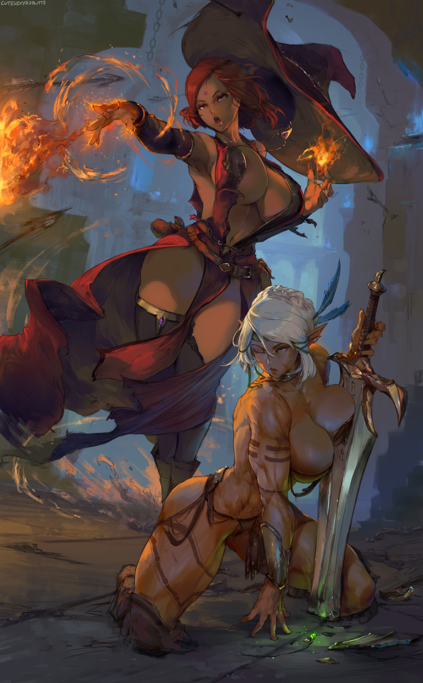 2girls angry armor ass barrel blue_eyes book boots breasts brown_eyes brown_gloves brown_hair capelet city cleavage curvaceous cutesexyrobutts dark-skinned_female dark_elf dark_skin detailed_background dress dungeons_and_dragons female fighting fillia_einhart final_fantasy final_fantasy_xiv fire garter_straps gloves hammer high_resolution highlights hourglass_figure huge_ass huge_breasts knee_boots kneehighs large_breasts lingerie lips long_hair looking_at_another magic medium_hair multiple_girls muscles open_mouth red_boots red_dress red_hair red_highlights scar shoes short_dress short_hair sitting skimpy soothing_ruby standing sword tail teeth thick_thighs thighhighs thighs tongue very_high_resolution weapon white_capelet white_hair wide_hips