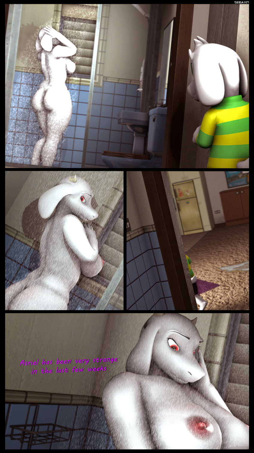 2020 3d absurd_res anthro asriel_dreemurr ass big_breasts big_butt boss_monster bovid breasts caprine clothed clothing comic_page english_text female fur hi_res horn incest looking_back male mammal mature_female mother mother_and_child mother_and_son nipples nude parent parent_and_child sebaxn son source_filmmaker straight text thick_thighs toriel undertale video_games white_body white_fur wide_hips young