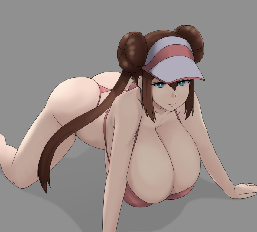 1girls all_fours alternate_breast_size ass blue_eyes bra breasts brown_hair cleavage double_bun eye_contact female female_only grey_background half-closed_eyes hanging_breasts hat highres huge_breasts human human_only large_breasts long_breasts long_hair looking_at_viewer nao_(ritsancrossover) nintendo panties pink_bra pink_panties pokemon pokemon_bw2 pose rosa_(pokemon) sagging_breasts smile solo thigh_gap twintails_(artist)