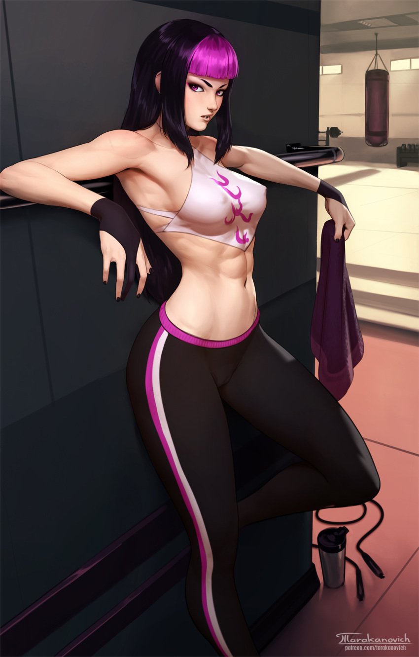 1girls abs black_hair breasts cameltoe cleavage colored_hair erect_nipples feet_against_wall female female_only fully_clothed gym juri_han looking_at_viewer muscles muscular muscular_female nipple_bulge purple_eyes short_hair solo street_fighter tarakanovich