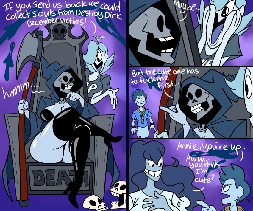 1boy 3girls annie_roberts_(wappah) big_breasts cleavage desmond_lewis_(wappah) female ghosts grim_reaper huge_breasts la_muerta_(wappah) large_breasts larger_female scythe shelly_winslow_(wappah) skull smaller_male thick_thighs thigh_highs wappah