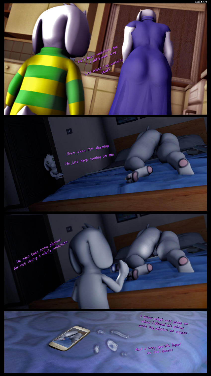 1boy 3d 3d_(artwork) asriel_dreemurr ass big_butt boss_monster comic_page cum english_text incest male mammal mature_female mother mother_and_son nude nude_female parent parent_and_child pussy sebaxn son source_filmmaker spying text thick_thighs toriel undertale video_games white_body white_fur wide_hips young