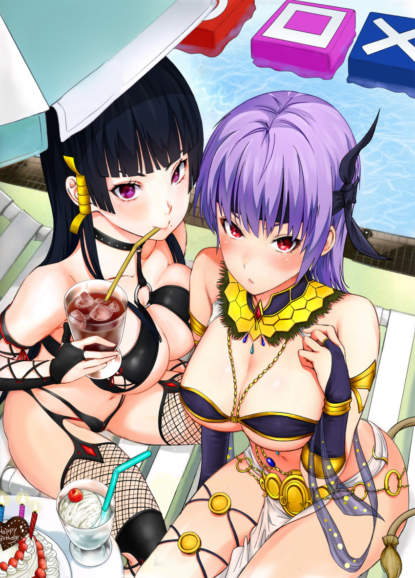 2girls ayane_(doa) beach black_hair bowsey breasts cake dead_or_alive dead_or_alive_5 dead_or_alive_5_last_round dead_or_alive_xtreme_beach_volleyball drink drinking food high_resolution highres looking_at_viewer navel nyotengu purple_eyes purple_hair red_eyes saeki_shun third-party_edit water