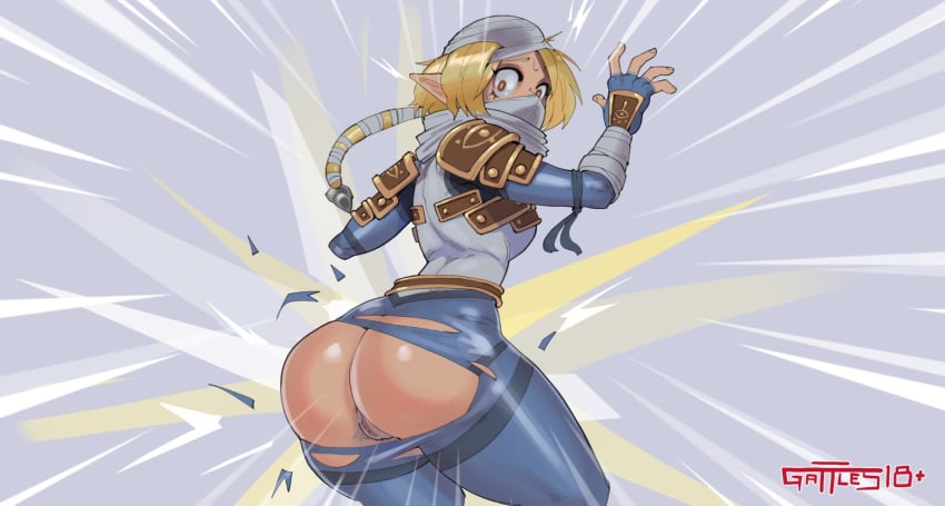 1girls accidental_exposure armor ass blonde_hair braid breasts bubble_butt crotchless exposed exposed_anus exposed_ass exposed_pussy female female_only fingerless_gloves gattles hair human kunoichi large_ass looking_at_viewer looking_back nintendo no_panties ocarina_of_time pussy red_eyes sheik shocked small_breasts solo solo_female solo_focus stealth_chest_guard stealth_tights the_legend_of_zelda tied_hair torn_clothes torn_clothing vagina wardrobe_malfunction