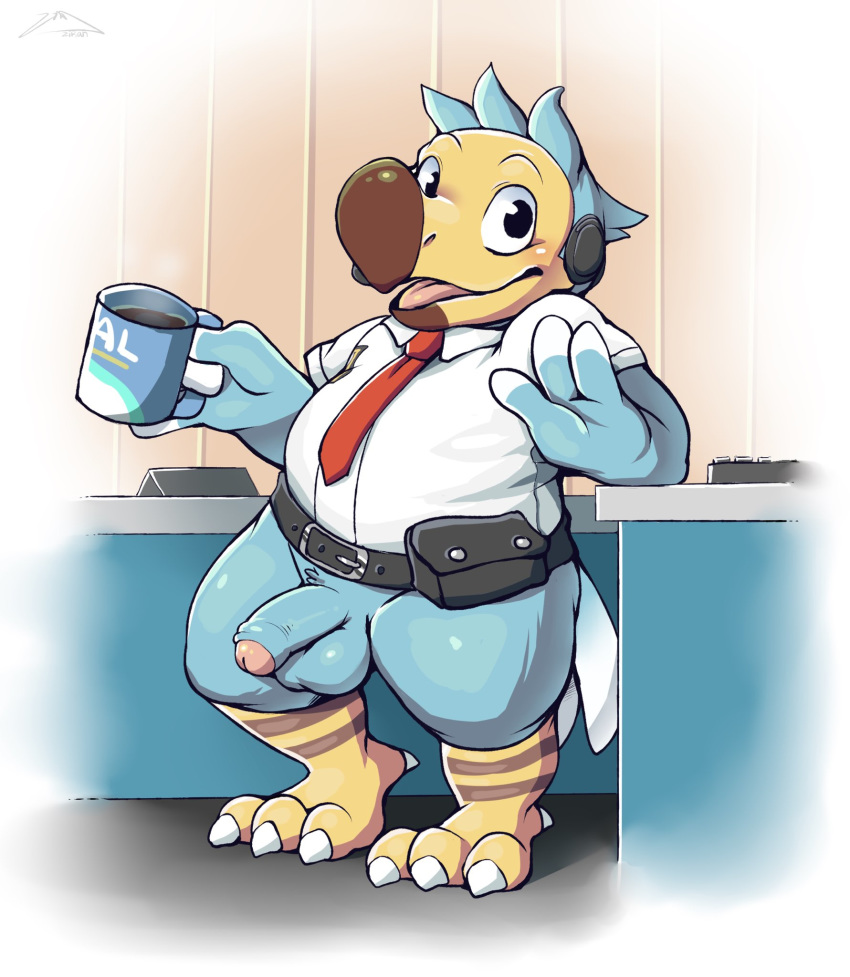 2020 animal_crossing anthro avian balls bird blue_body bottomless casual_nudity clothed clothing columbid dodo flaccid foreskin genitals hi_res humanoid_genitalia humanoid_penis male male_only necktie nintendo orville_(animal_crossing) overweight overweight_male penis shirt solo topwear uncircumcised uncut video_games zi_ran