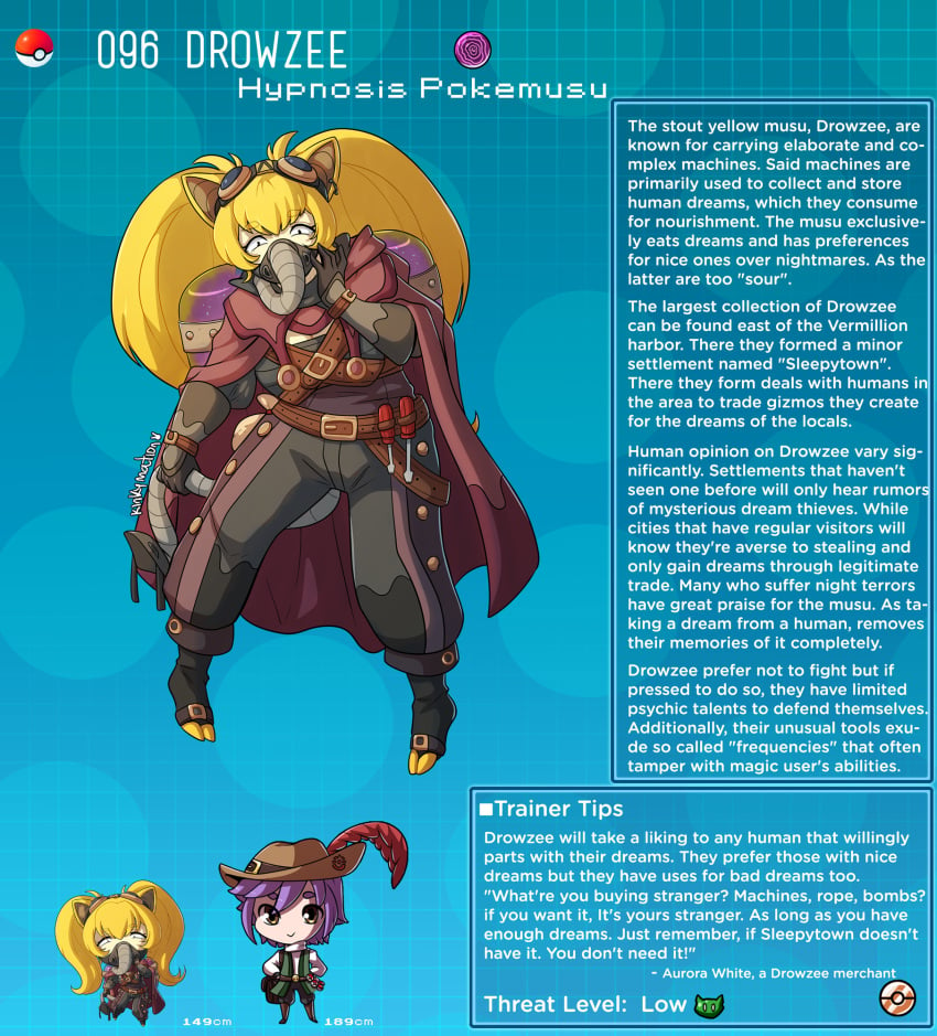 animal_ears blonde_hair creature_index drowzee english_text hi_res humanization humanoid kinkymation nintendo page_96 page_number pokémon_(species) pokedex pokemon pokemon-girl_encyclopedia pokemorph pokemusu profile tagme text text_box