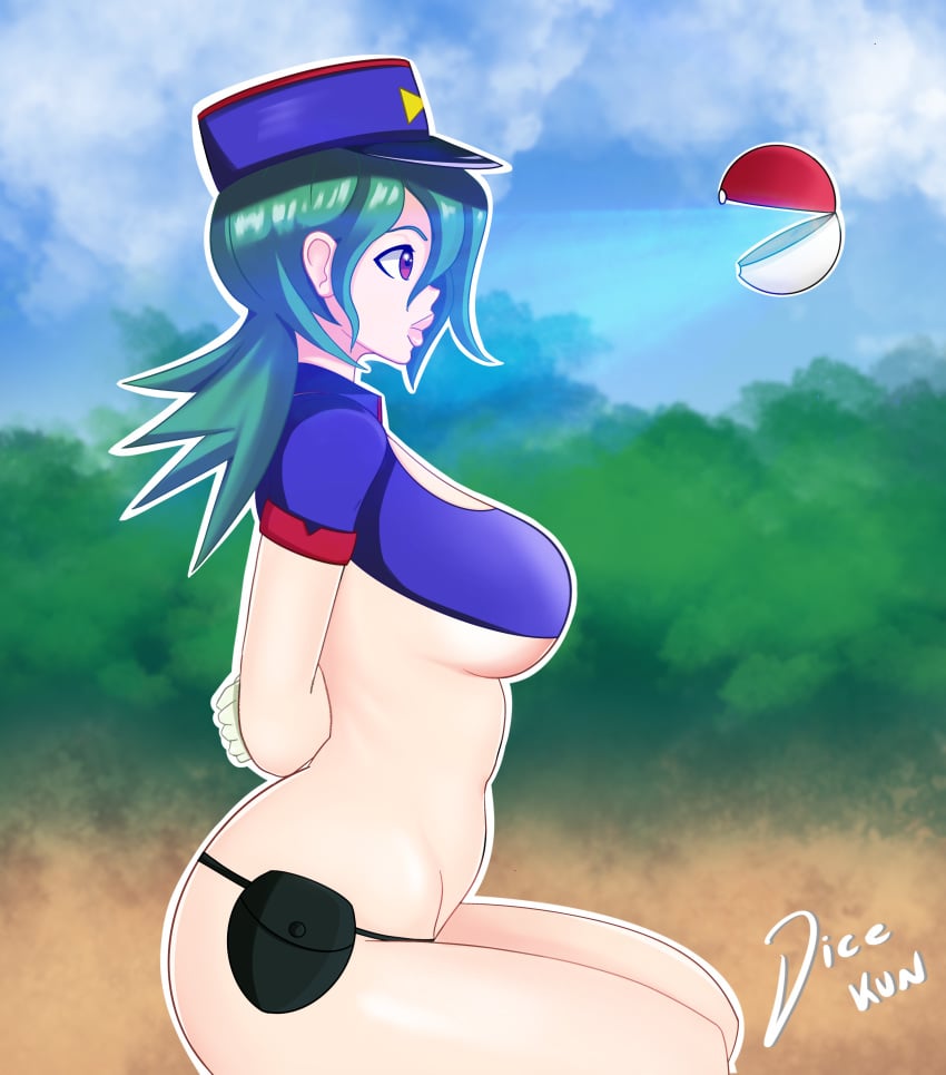 1girls absurdres alternate_breast_size arms_behind_back ass belt blue_hair bottomless breasts dicekun gloves highres human human_only lewdness looking_away nintendo officer_jenny_(pokemon) poke_ball pokemon pokemon_rgby police police_uniform policewoman shirt source_request text thick_thighs thighs underboob uniform watermark wide_hips