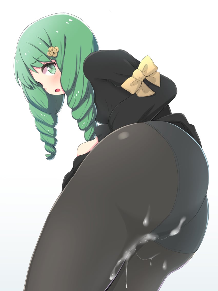 1girls angu_tanuki ass ass_focus clothed_female cum cum_on_ass cum_on_clothes cum_on_thighs fire_emblem fire_emblem:_three_houses flayn_(fire_emblem) green_eyes green_hair looking_back nabatean_(fire_emblem) nintendo solo tights