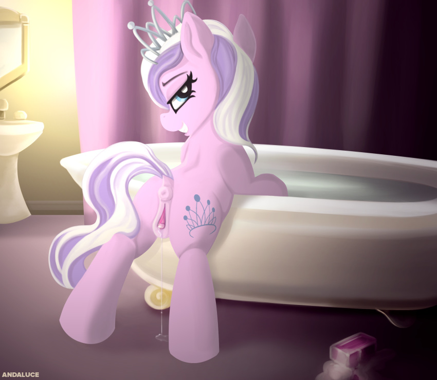 andaluce anus bathroom bathtub bodily_fluids crown cutie_mark diamond_tiara_(mlp) earth_pony equid equine female feral friendship_is_magic furry genital_fluids genitals hi_res horse mammal my_little_pony nude pony pussy pussy_juice sink soap solo tiara