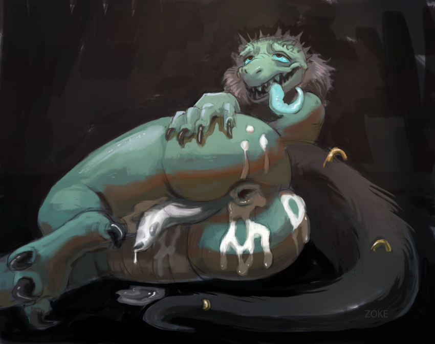 2020 ahe_gao anthro bodily_fluids claws cum digital_media_(artwork) genital_fluids genitals green_body hair looking_at_viewer looking_pleasured male male_only nude open_mouth penis piercing quarlak reptile scalie simple_background solo teeth tongue tongue_out zoke