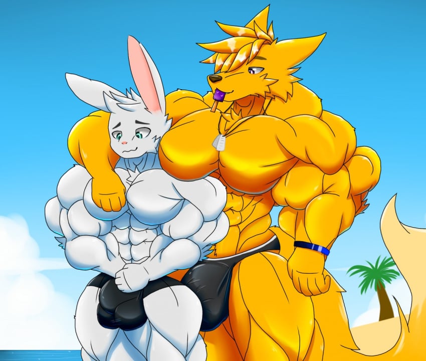 anthro beach big_muscles bulge canid canine clothing duo fennec food fox fur huge_muscles jewelry lagomorph leporid male male/male mammal muscular muscular_male necklace popsicle rabbit seaside size_difference speedo swimwear taiko-sihori white_body white_fur yellow_body yellow_fur