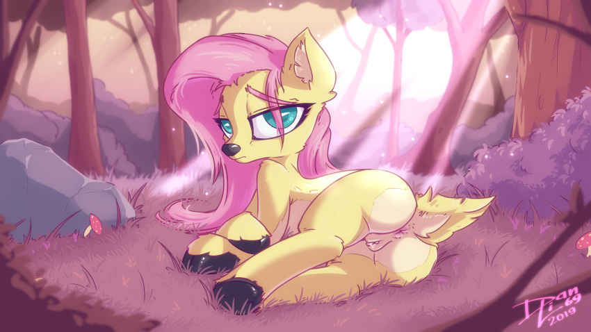 16:9 2019 4k absurd_res alternate_species anus ass cervid danli69 detailed_background digital_media_(artwork) female feral fluttershy_(mlp) friendship_is_magic fungus fur genitals hi_res looking_at_viewer mammal mushroom my_little_pony outside pussy rock solo tree