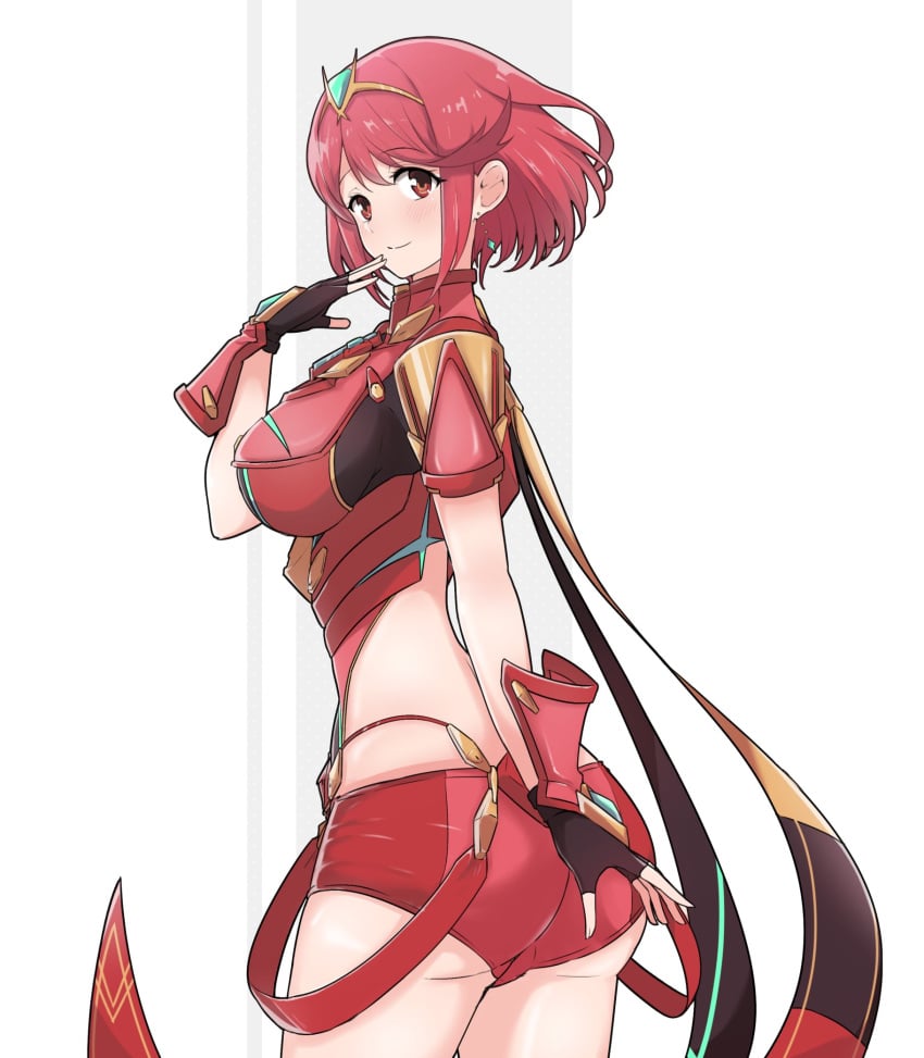 1girls ass back bare_back big_ass female female_only legs looking_at_viewer looking_back mochimochi_(xseynao) nintendo pyra red_eyes red_hair short_hair shorts smile solo xenoblade_(series) xenoblade_chronicles_2