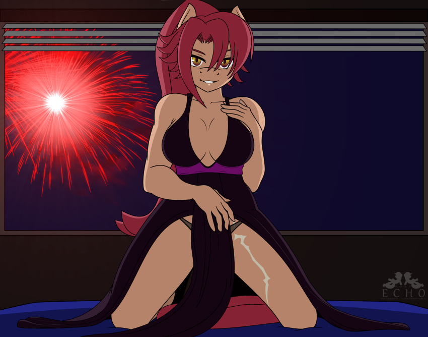 1futa anthro bed bedroom_eyes cleavage dress fireworks futanari intersex kneeling looking_at_viewer male_pov muscular muscular_futanari nell_clearfield panties pony ponyecho ponytail pov red_hair scar smile solo_futa window yellow_eyes