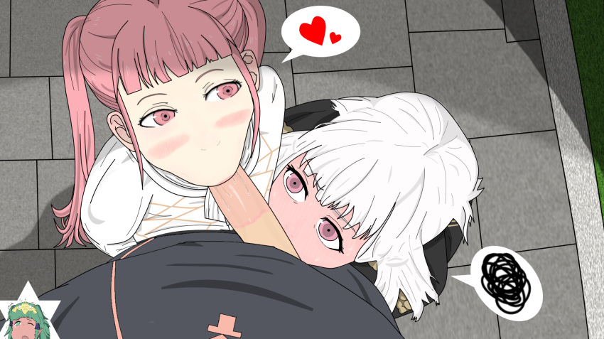 1boy 2girls ball_sucking brk55555 byleth_(fire_emblem) byleth_(fire_emblem)_(male) collaborative_fellatio fellatio fire_emblem fire_emblem:_three_houses hilda_valentine_goneril lipstick lipstick_mark lipstick_on_penis lysithea_von_ordelia male_pov multiple_girls nintendo oral pink_eyes pink_hair pink_lipstick pov sothis_(fire_emblem) spoken_heart tagme teamwork white_hair