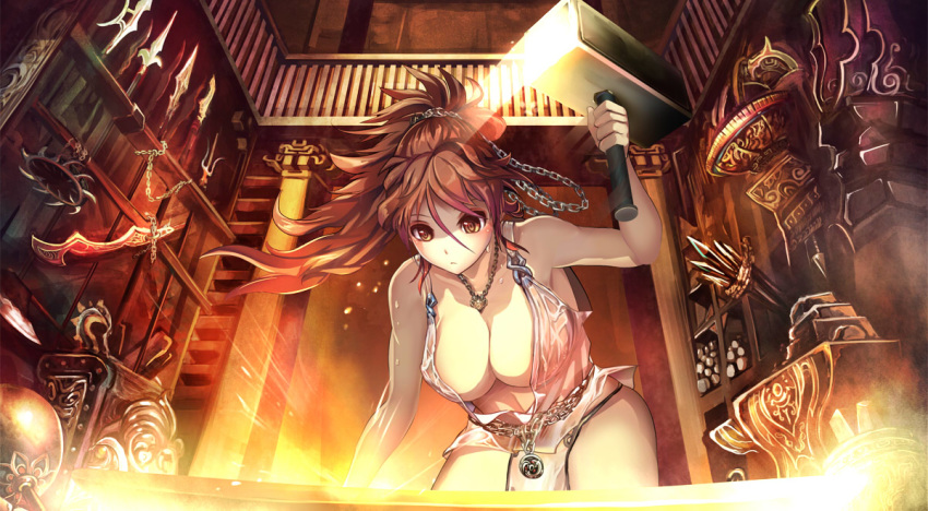 blacksmith brown_hair cleavage collar female hammer indoor large_breasts long_hair original original_character suoni_(deeperocean) sweat wet