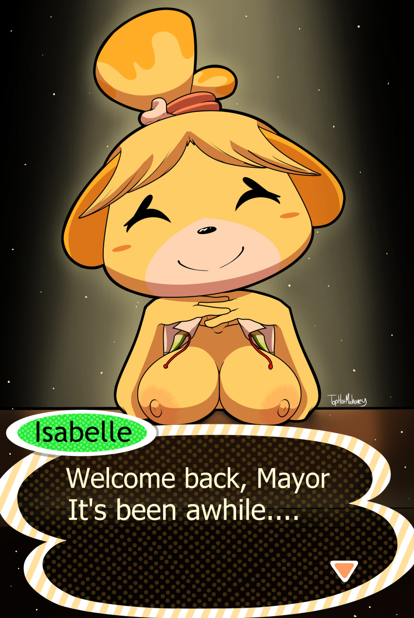 1girls 2020 absurdres animal_crossing anthro bangs black_nose blonde_hair blush_stickers breast_rest breasts breasts_out canine character_name cleavage closed_eyes collarbone dialogue english_text female female_only front_view furry highres interlocked_fingers isabelle_(animal_crossing) large_breasts mammal nintendo nipples signature smile solo text text_box tophatmahoney upper_body yellow_fur