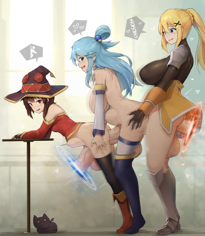 3futas aqua_(konosuba) balls bent_over big_breasts big_penis boots bottomless breasts chomusuke cleavage clothed clothing darkness_(konosuba) dickgirl erection from_behind futa_on_futa futa_only futanari hairless_balls heel_boots high_heel_boots huge_balls huge_cock human kono_subarashii_sekai_ni_shukufuku_wo! large_breasts light_skin love_train megumin multiple_futa mutual_penetration nude pale_skin partially_clothed penis portal portal_(object) sex_train_position sinensian standing thigh_boots thighhigh_boots train_position uncensored