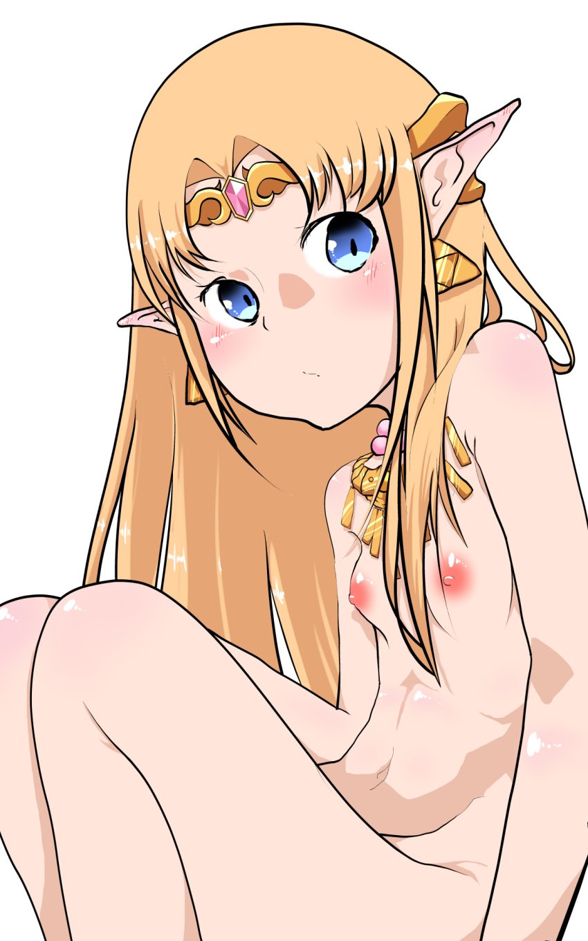 1girls a_link_between_worlds areolae blonde_hair blue_eyes blush breasts casual circlet earrings female female_only forehead_jewel gold gold_jewelry highres human jewelry knees_up long_ears long_hair navel necklace nervous nintendo nipples nude oracle_lens pointy_ears princess_zelda shiny_skin simple_background sitting small_breasts solo the_legend_of_zelda triforce_earrings very_long_hair white_background zelda_(a_link_between_worlds)