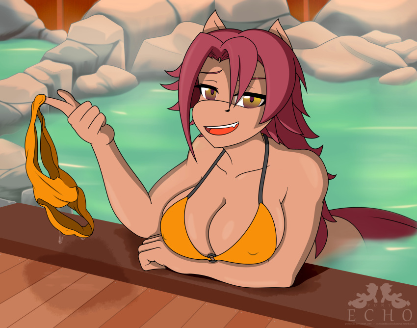 anthro bikini bottomless breasts cleavage dickgirl furry futa_only futanari hot_spring intersex invitation looking_at_viewer muscular muscular_futanari nell_clearfield pony ponyecho pov raider red_hair seductive smug water yellow_eyes