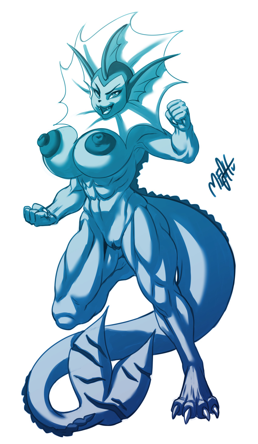 1girls 2020 4_toes 5_fingers abs absurd_res anthro anthrofied areolae armpits belly big_breasts big_nipples blue_and_white blue_body breasts canine eeveelution eye_contact feet female fins furry half-closed_eyes hi_res huge_breasts leg_up long_tail looking_at_viewer meshpet monochrome muscular muscular_female navel nintendo nipples nude on_one_leg open_mouth original_character paws pokémon_(species) pokemon pokemon_rgby pose pussy simple_background smile solo standing tail teeth text thick_thighs thigh_gap tongue vaporeon video_games watermark white_background wide_hips