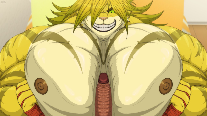 16:9 big_muscles erection felid genitals grin huge_muscles kion macan_(tokyo_afterschool_summoners) magan male male_only mammal muscular muscular_male nipples pantherine pecjob pecs penis rionkion sex sharp_teeth smile teeth tiger tokyo_afterschool_summoners video_games