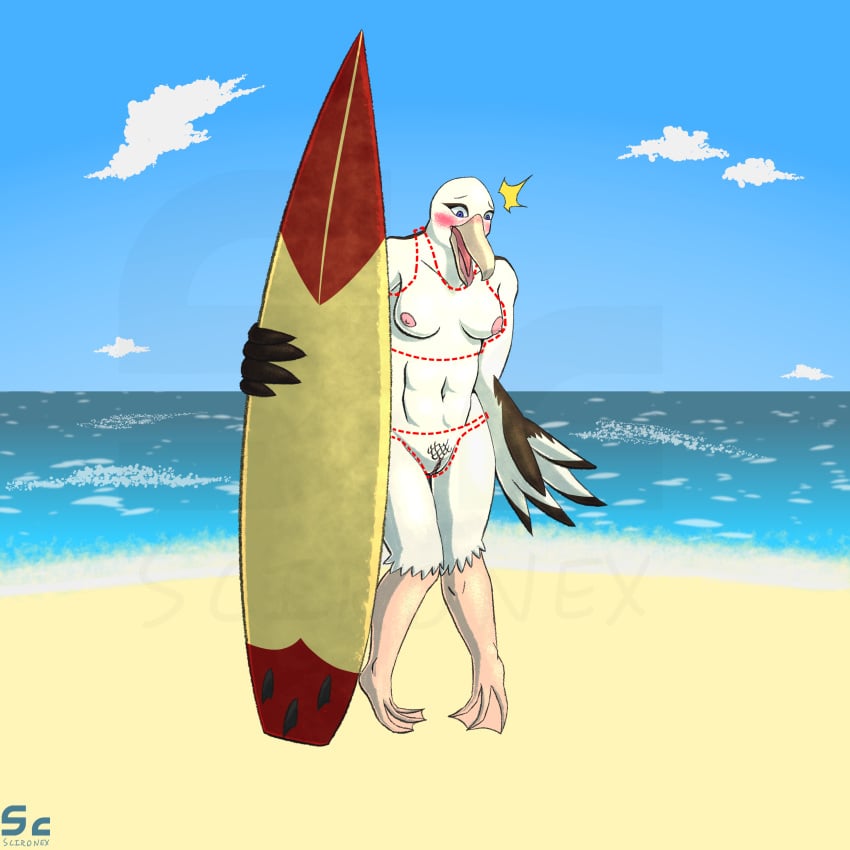 1:1 absurd_res albatross avian beach beak bird blush breasts cloud embarrassed female genitals hi_res knees_together membrane_(anatomy) muscular navel nipples nude procellariiform pubes pussy scironex seaside solo surfboard vehicle water watercraft webbed_feet wing_hands