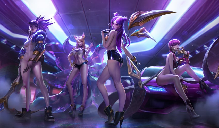 4girls ahri akali animal_ears animal_tail artist_request ass asymmetrical_sleeves backless_outfit bare_)legs bare_midriff baseball_cap blonde_hair blue_eyes booty_shorts bracelets breasts car choker claws crop_top crystal_tail detached_sleeves detailed_background ear_piercing earrings evelynn eyeshadow female female_only fingerless_gloves gloves group hair_ornament hand_on_hip hat headset_microphone high_heels holding_weapon jacket k/da_ahri k/da_akali k/da_evelynn k/da_kai'sa k/da_series kai'sa knee_up lamborghini league_of_legends legs_apart long_hair makeup microphone multiple_girls open_jacket painted_nails partially_clothed partially_clothed_female pink_eyes pink_hair posing purple_hair richtofen shorts sitting standing tail weapon whisker_markings yellow_eyes