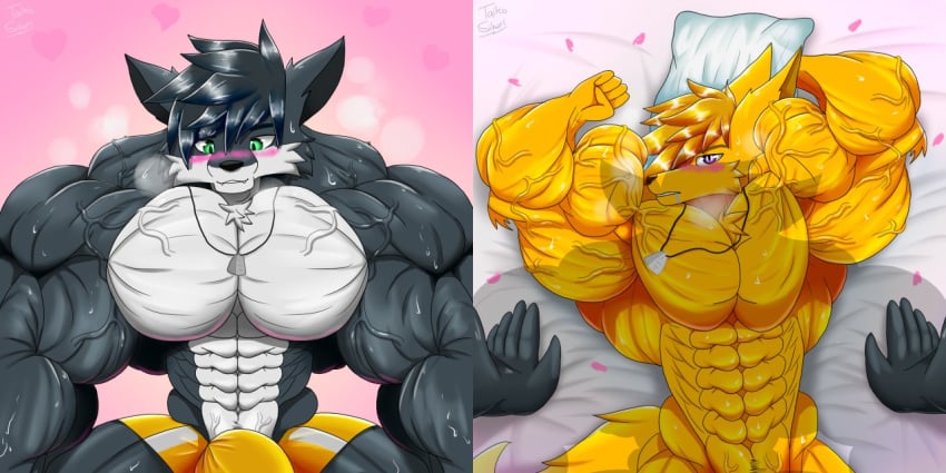 2:1 anthro bed big_muscles black_body black_fur brother brothers bulge canid canine clothing duo fennec fox fur furniture huge_muscles incest jewelry male male/male mammal muscular muscular_male necklace sibling speedo swimwear taiko-sihori yellow_body yellow_fur