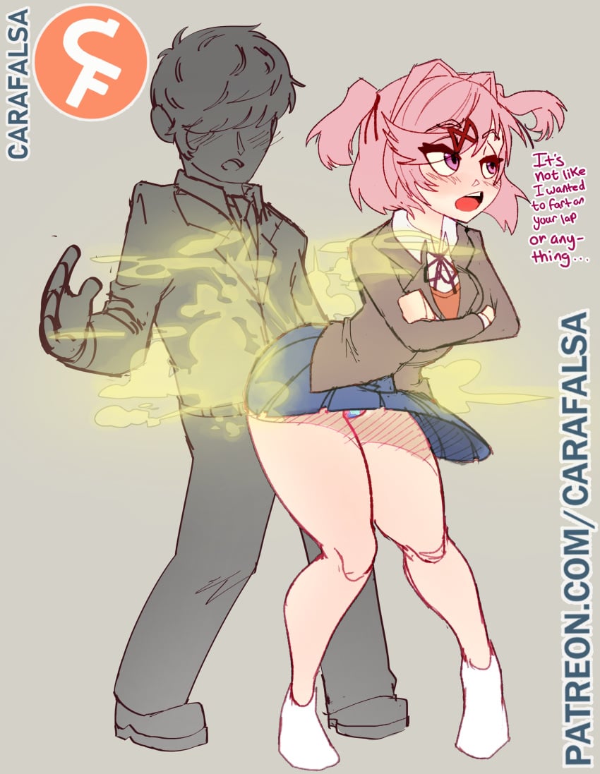 1boy 1girls ass breasts carafalsa clothed doki_doki_literature_club faceless_male fart fart_on_dick fartjob natsuki_(doki_doki_literature_club) panties pink_hair text thick_thighs tsundere wide_hips