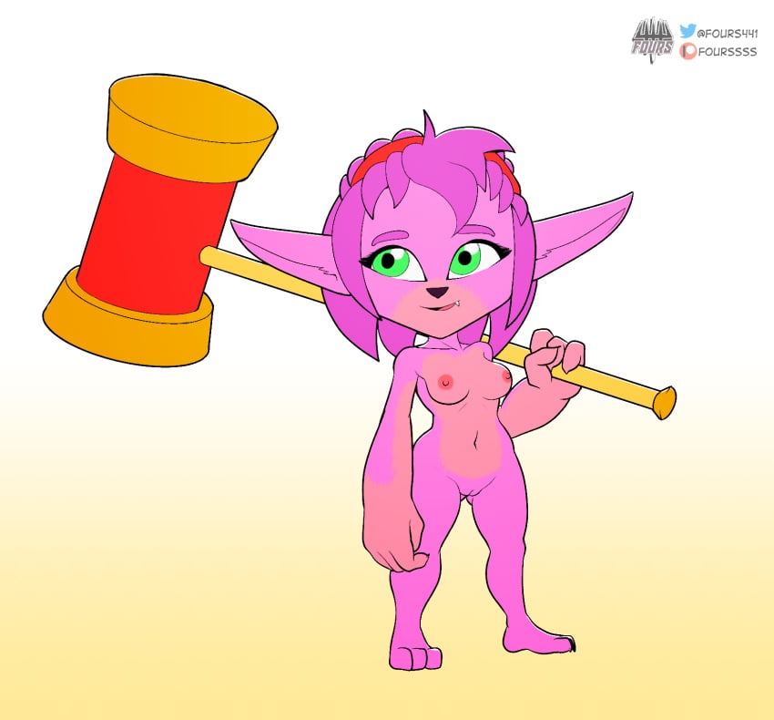 alternate_species amy_rose breasts female fours_(artist) genitals hammer hi_res holding_weapon league_of_legends piko-piko_hammer piko_piko_hammer pussy riot_games solo sonic_(series) tools video_games yordle