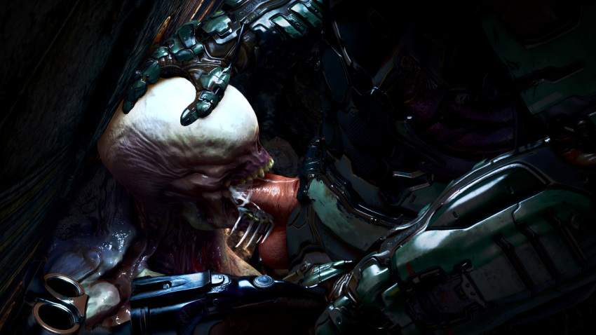 1boy 1girls 3d breasts cum cum_in_mouth cum_inside demon doom doom_slayer_(doom) featureless_breasts female hand_on_head hell_knight_(doom) human humanoid male male_human/female_demon male_human/female_humanoid oral sex thekidxeno xeup36